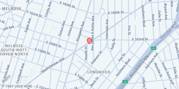 Map showing St. Ann's Corner of Harm Reduction at 886 Westchester Ave, Bronx, NY