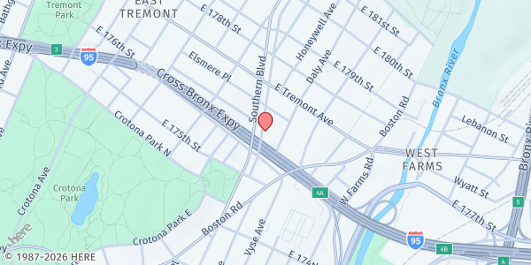 Map showing St. Thomas Aquinas Food Pantry at 1900 CROTONA PARKWAY (SIDE OF CHURCH/BASE), BRONX, NY