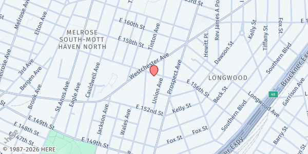 Map showing The Bronx Spanish Evangelical Church - Give Them to Eat Pantry at 800 EAST 156TH STREET, Bronx, NY