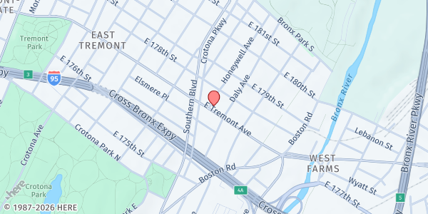 Map showing The Flow Kingdom Ministries Food Pantry at 901 E Tremont Ave, Bronx, NY