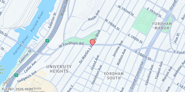 Map showing Tolentine Zeiser Food Pantry - Church Basement at 2345 University Ave. Church Basement, Bronx, NY