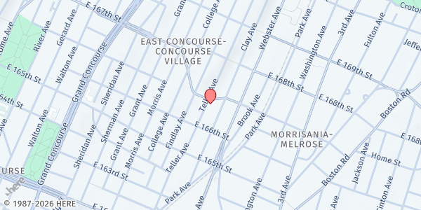 Map showing Vineyard International Christian Ministries Food Pantry at 1140 Teller Avenue, Bronx, NY