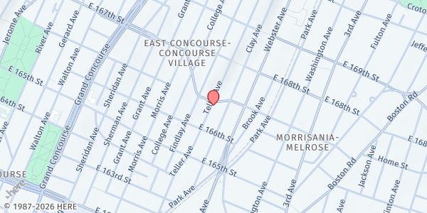 Map showing Vineyard International Christian Ministries Food Pantry at 1140 Teller Avenue, Bronx, NY