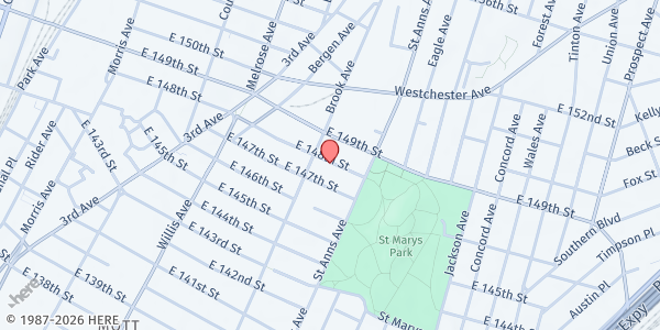 Map showing Way Out Church Ministries Inc. at 518 East 148th Street, Bronx, NY