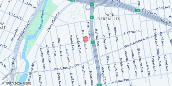 Map showing We Care Community Outreach/New Jerusalem Church - Soup Kitchen at 1624 East 172nd Street, Bronx, NY