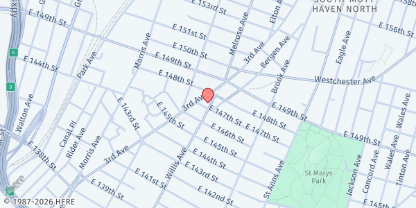 Map showing Willis Avenue Seventh-day Adventist Church at 495 WILLIS AVENUE, BRONX, NY
