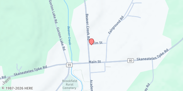 Map showing First Baptist Church at 2416 Beaver Creek Road, Brookfield, NY