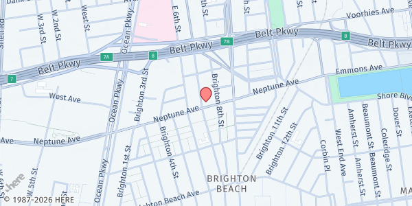 Map showing Apna Food Pantry Brighton Beach CBO at 225 NEPTUNE AVENUE, Brooklyn, NY