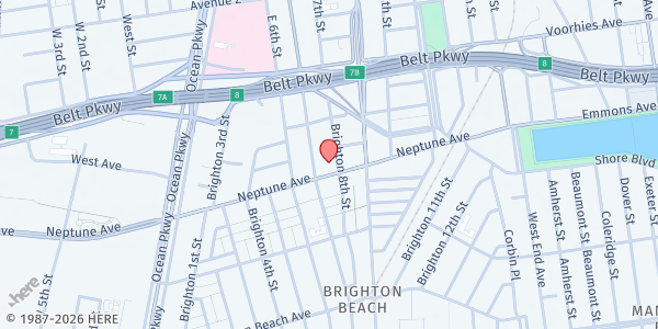 Map showing Apna Food Pantry Brighton Beach at 225 Neptune Ave, Brooklyn, NY
