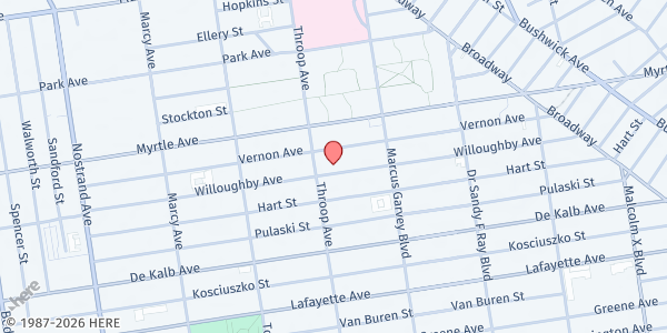 Map showing Black Veterans For Social Justice Food Pantry at 665 Willoughby Ave, Brooklyn, NY