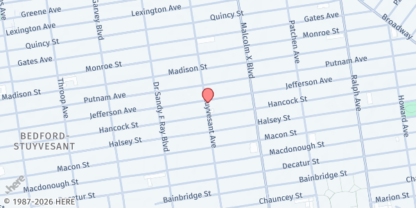 Map showing Bridge Street AME Missionary Free-Food Program at 277 Stuyvesant Avenue, Brooklyn, NY