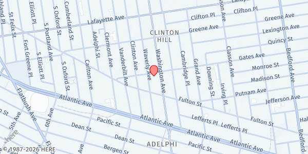 Map showing Brown Memorial Food Pantry at 484 Washington Avenue, Brooklyn, NY