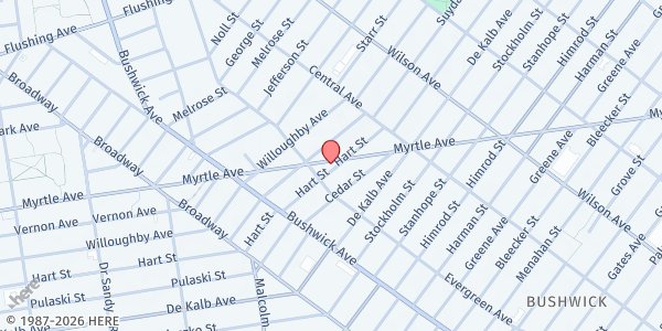 Map showing Bushwick Community Fridge at Little Skips East at 603 Hart Street, Brooklyn, NY