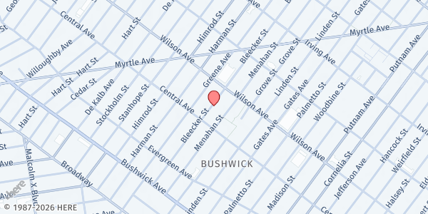 Map showing Bushwick Food Pantry - Food Distribution Center at 144 Bleecker St, Brooklyn, NY