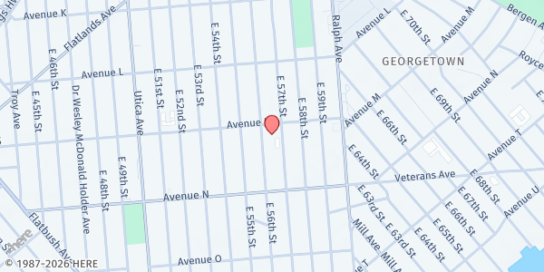 Map showing Church of Mary Queen of Heaven – St. Vincent de Paul Society Food Pantry at 1395 East 56th Street, Brooklyn, NY