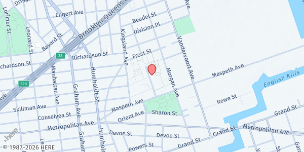 Map showing Cooper Park Houses Residence Council at 40 Debevoise Avenue, Brooklyn, NY