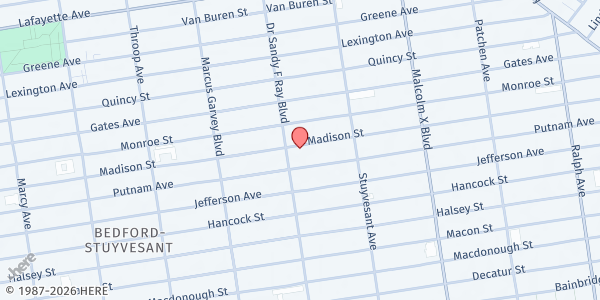Map showing Cornerstone Baptist Church Food Pantry at 574 Madison Street, Brooklyn, NY