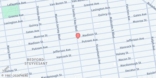 Map showing Cornerstone Baptist Church Food Pantry at 574 Madison, Brooklyn, NY