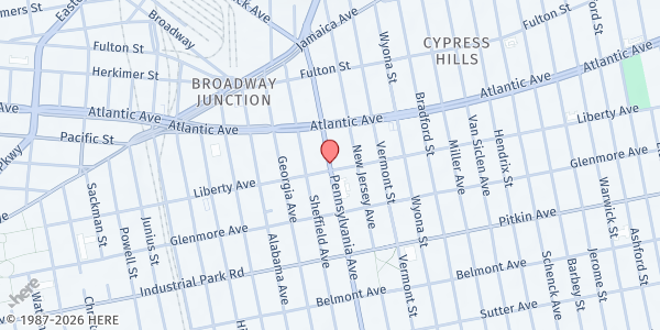 Map showing Cornerstone S.D.A. Church at 138 Pennsylvania Ave., Brooklyn, NY