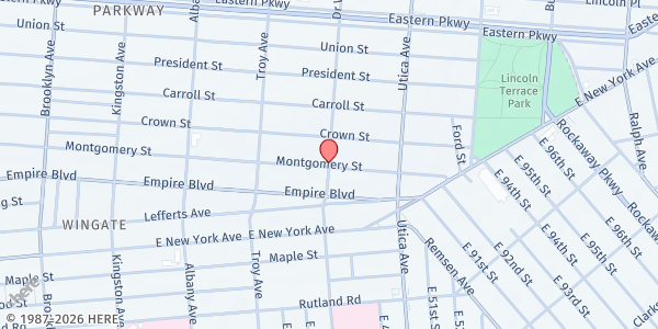 Map showing Crown Heights Jewish Community Council Food Pantry at 899 Montgomery St, back yard, entrance from Schene, Brooklyn, NY
