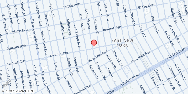 Map showing EAST NEW YORK WESLEYAN CHURCH/NEW HOPE FAMILY WORSHIP CENTER at 817 LIVONIA AVENUE, Brooklyn, NY