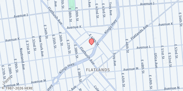 Map showing Flatlands Reformed Church at 3931 Kings Hwy, Brooklyn, NY