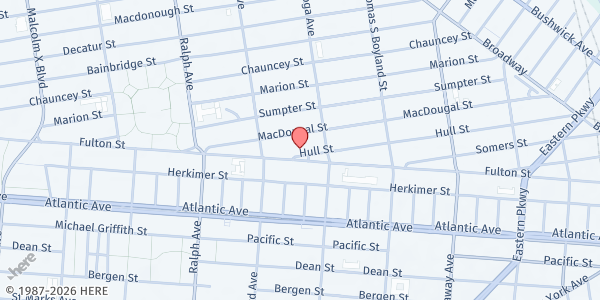 Map showing Full Gospel Tabernacle of Faith at 15 A Hull St., Brooklyn, NY