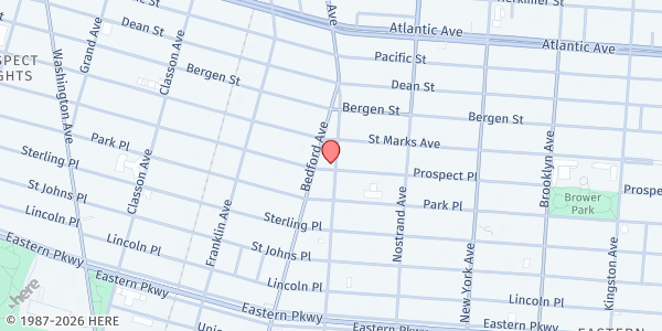Map showing Greater Unified Free Will Baptist Church at 66 Rogers Avenue, Brooklyn, NY