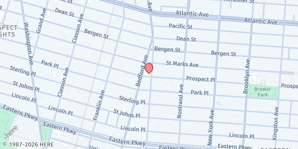 Map showing Greater United Free Will Baptist Church - Food Distribution Center at 66 Rogers Avenue, Brooklyn, NY