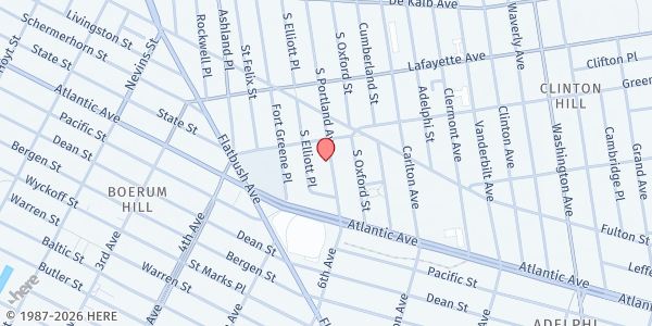 Map showing Hanson Place Seventh Day Adventist Community Service - Food Distribution Center at 150 S Portland Ave, Brooklyn, NY