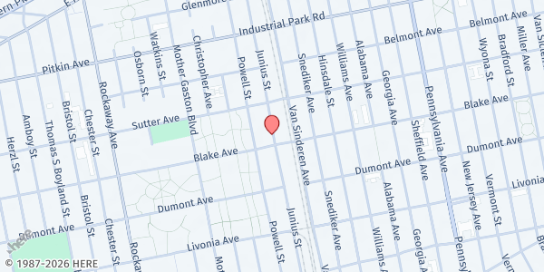 Map showing Helping Hands Christian Community Center at 326 Junius St., Brooklyn, NY