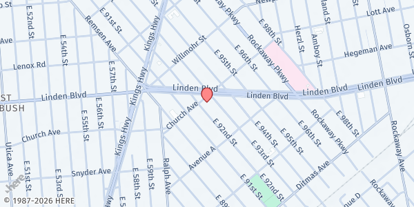 Map showing International Pentecostal City Mission at 9202-14 Church Avenue, Brooklyn, NY