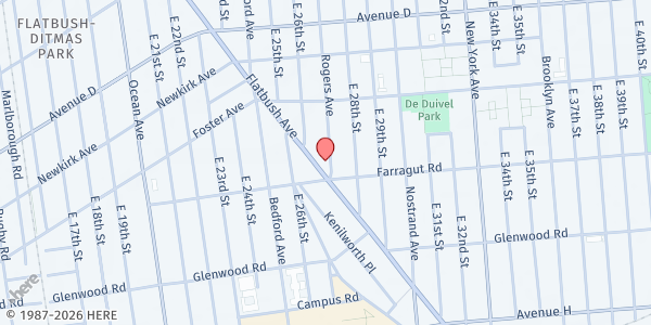 Map showing Liberty Hall Cathedral of Praise at 1407 Flatbush Avenue, Brooklyn, NY