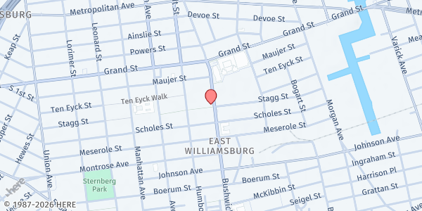 Map showing Mission Assembly Pentecostal at 118 Bushwick Ave., Brooklyn, NY