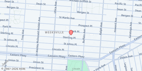 Map showing New Gethsemane Baptist Church - Rev. James B. Cross Fellowship Hall at 209 Rochester Ave., Brooklyn, NY