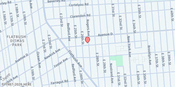 Map showing New Hope Church Food Pantry at 1222 Rogers Avenue, Brooklyn, NY