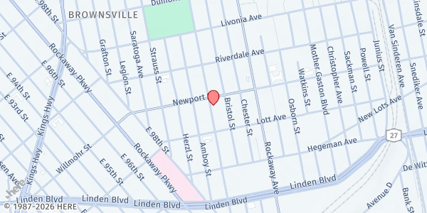 Map showing NEW LIFE SEVENTH DAY ADVENTIST CHURCH at 885-87 THOMAS BOYLAND STREET, Brooklyn, NY