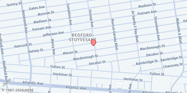 Map showing Newman Church Community Development Pantry at 598 Throop Ave, Brooklyn, NY