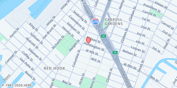 Map showing Redemption Church Food Pantry at 27 Huntington Street, Brooklyn, NY