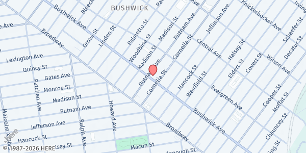 Map showing Salvation Army Bushwick Corps Worship and Community Center at 1151 Bushwick Avenue, Brooklyn, NY