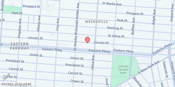 Map showing St. Matthew's Food Pantry at 1342 Lincoln Place, Brooklyn, NY
