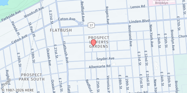 Map showing The City of Grace Food Pantry at 11 Woods Place, Brooklyn, NY