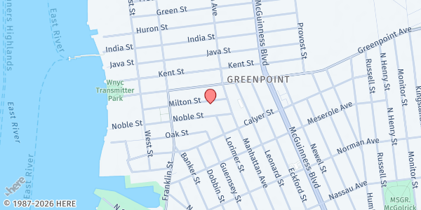 Map showing The Greenpoint Hunger Program at 136 MILTON STREET, BROOKLYN, NY