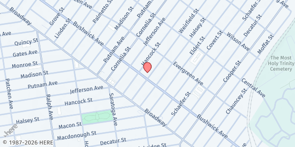 Map showing Thurston Memorial Outreach Ministries at 1243 Bushwick Ave, Brooklyn, NY