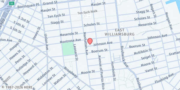 Map showing Trinity Human Services, Inc. Emergency Food Pantry at 153 A JOHNSON AVENUE, Brooklyn, NY