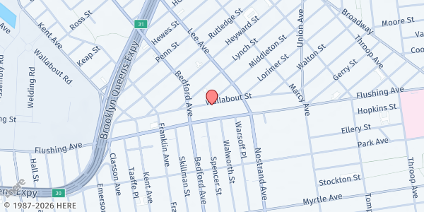 Map showing United Jewish Organization of Williamsburg & North Brooklyn at 32 Penn St., Brooklyn, NY