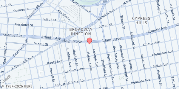 Map showing Unity Fellowship Church at 2578 Atlantic Ave., Brooklyn, NY