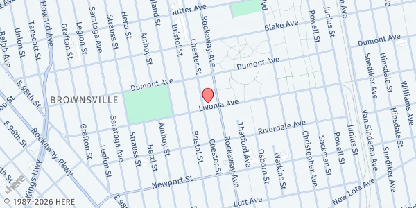 Map showing Brownsville Baptist Church at 357 Chester Street, Brownsville, NY