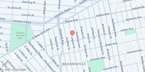 Map showing St James Holiness Church of Amer Food Pantry at 89 Legion Street, Brownsville, NY