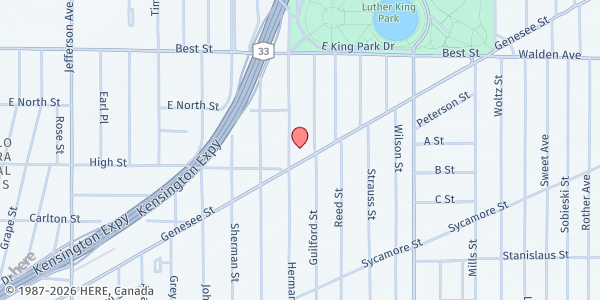 Map showing B.L.E.S. FOOD PANTRY BUFF LUTH EM SER at 900 GENESEE STREET, BUFFALO, NY